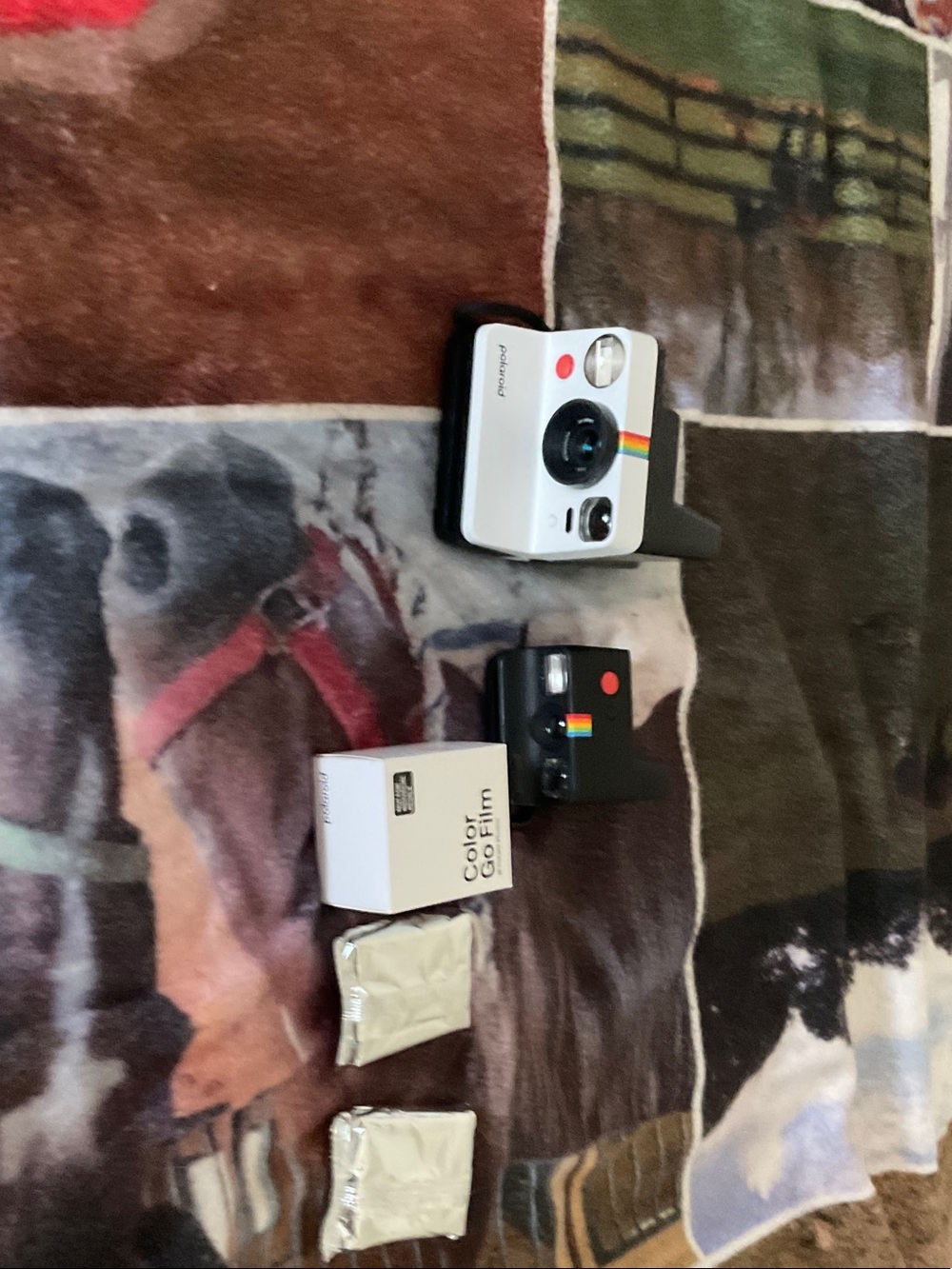 Polaroid Instant Cameras in White and Black with Rainbow Stripe Accents